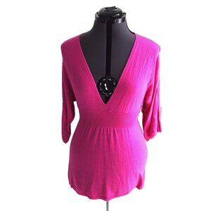 Vintage Express Wool Blend Fuchsia Top, Deep V Neck, 3/4 Sleeve, Size S